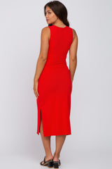 Red Ribbed Maternity Midi Dress