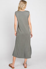 Olive Sleeveless Front Pocket Midi Dress