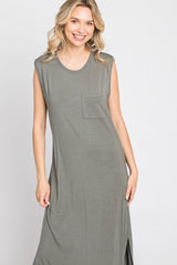 Olive Sleeveless Front Pocket Midi Dress