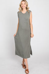 Olive Sleeveless Front Pocket Midi Dress