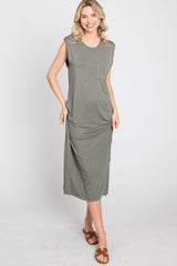 Olive Sleeveless Front Pocket Midi Dress