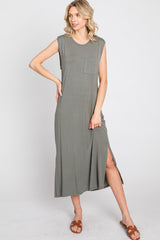 Olive Sleeveless Front Pocket Midi Dress