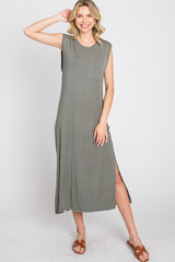 Olive Sleeveless Front Pocket Midi Dress