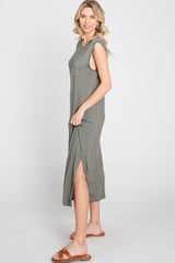 Olive Sleeveless Front Pocket Midi Dress