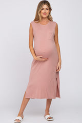 Mauve Sleeveless Front Pocket Maternity Midi Dress