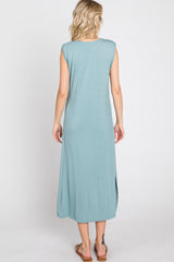 Light Teal Sleeveless Front Pocket Midi Dress