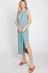 Light Teal Sleeveless Front Pocket Midi Dress