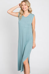 Light Teal Sleeveless Front Pocket Midi Dress