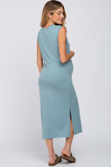 Light Teal Sleeveless Front Pocket Maternity Midi Dress