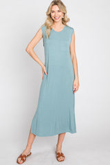 Light Teal Sleeveless Front Pocket Maternity Midi Dress