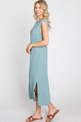 Light Teal Sleeveless Front Pocket Midi Dress