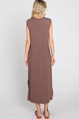 Brown Sleeveless Front Pocket Midi Dress