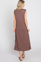 Brown Sleeveless Front Pocket Midi Dress