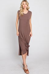 Brown Sleeveless Front Pocket Midi Dress