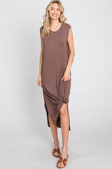 Brown Sleeveless Front Pocket Midi Dress