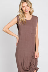 Brown Sleeveless Front Pocket Midi Dress