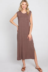 Brown Sleeveless Front Pocket Midi Dress