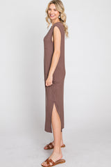 Brown Sleeveless Front Pocket Midi Dress