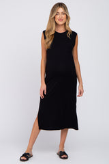 Black Sleeveless Front Pocket Maternity Midi Dress