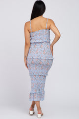 Light Blue Floral Smocked Fitted Maternity Midi Dress