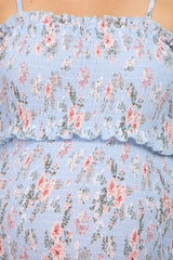 Light Blue Floral Smocked Fitted Maternity Midi Dress