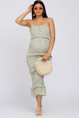 Sage Floral Smocked Fitted Maternity Midi Dress