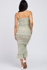 Sage Floral Smocked Fitted Maternity Midi Dress