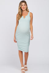 Mint Green Ribbed Split Front Ruched Maternity Dress