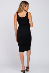 Black Ribbed Split Front Ruched Maternity Dress