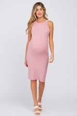 Pink Ribbed Sleeveless Maternity Dress