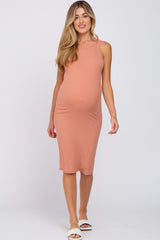 Salmon Ribbed Sleeveless Maternity Dress