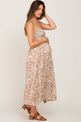 Cream Printed Sweetheart Neck Cinched Maternity Midi Dress