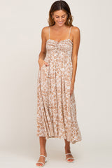 Cream Printed Sweetheart Neck Cinched Maternity Midi Dress