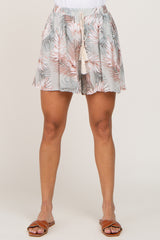 Light Olive Palm Print Drawstring Accent Shorts