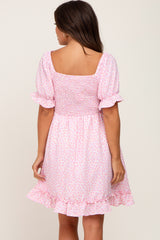 Light Pink Spotted Smocked Puff Sleeve Maternity Dress