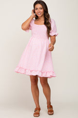 Light Pink Spotted Smocked Puff Sleeve Maternity Dress