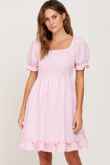 Light Pink Spotted Smocked Puff Sleeve Maternity Dress