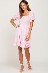 Light Pink Spotted Smocked Puff Sleeve Dress