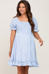 Light Blue Spotted Smocked Puff Sleeve Maternity Dress