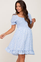 Light Blue Spotted Smocked Puff Sleeve Maternity Dress