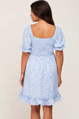 Light Blue Spotted Smocked Puff Sleeve Maternity Dress