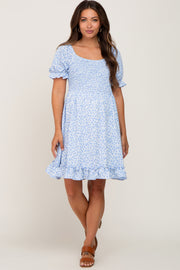 Light Blue Spotted Smocked Puff Sleeve Maternity Dress