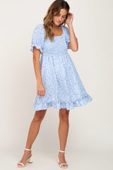 Light Blue Spotted Smocked Puff Sleeve Dress