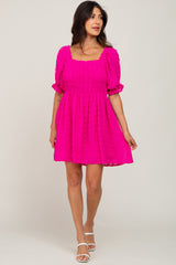 Fuchsia Textured Polka Dot Chiffon Smocked Dress