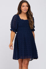 Navy Blue Textured Polka Dot Chiffon Smocked Maternity Dress