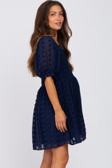 Navy Blue Textured Polka Dot Chiffon Smocked Maternity Dress