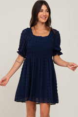 Navy Blue Textured Polka Dot Chiffon Smocked Maternity Dress