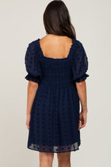 Navy Blue Textured Polka Dot Chiffon Smocked Dress