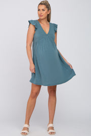 Teal Heathered Flutter Sleeve Maternity Dress