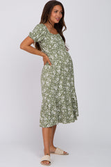 Light Olive Floral Maternity Midi Dress